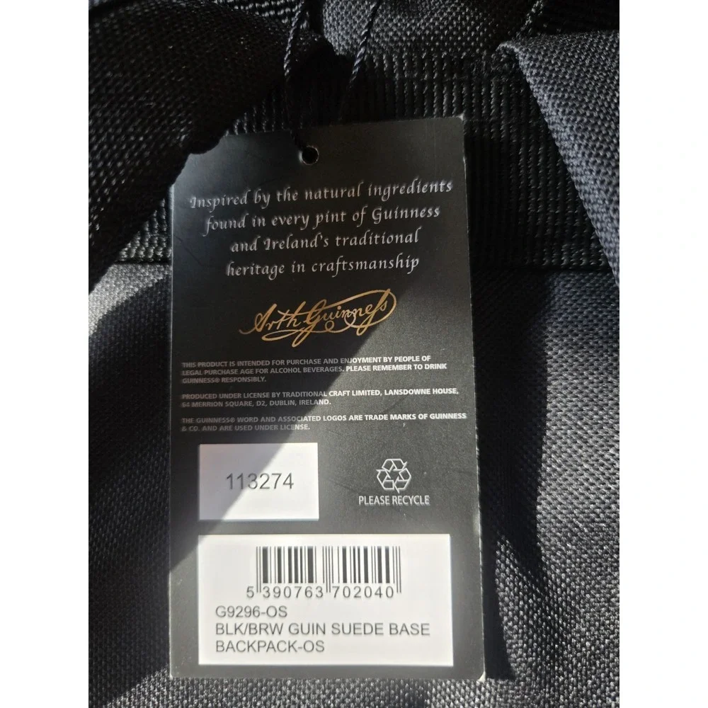 NWT Guinness Black Roll Top Backpack Brown Suede Base Laptop Travel Bag OS